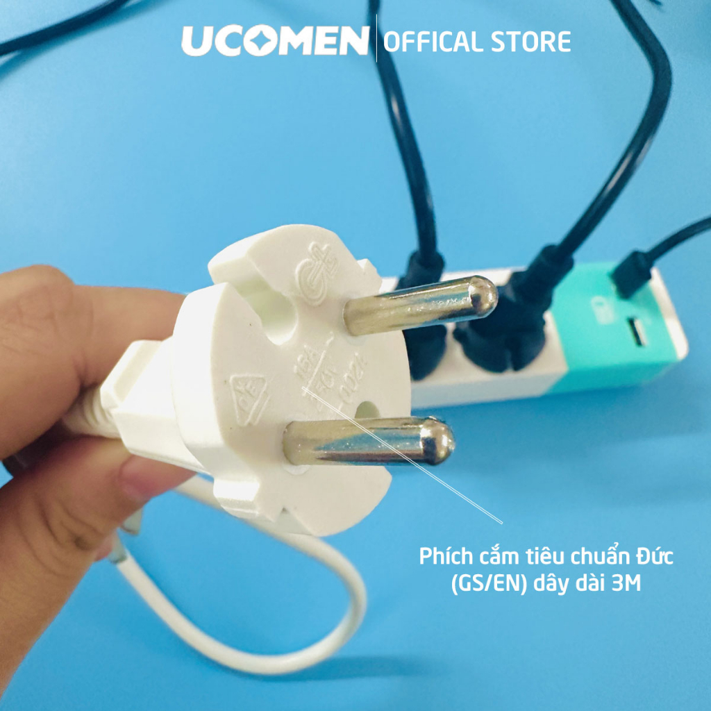 Ổ cắm điện an toàn Ucomen 3 chấu 2 USB có nắp che chống giật