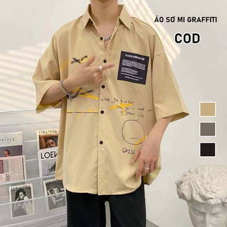 Áo sơ mi tay ngắn áo khoác sơ mi áo sơ mi nam dáng rộng cổ đứng dáng rộngin họa tiết graffiti phong cách hàn quốc