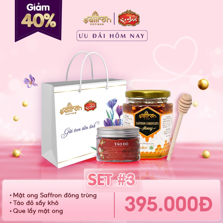 Set quà tặng Saffron Việt Nam gồm mât ong saffron ngâm với đông trùng hạ thảo + ly 450ml + lây mât+ tui
