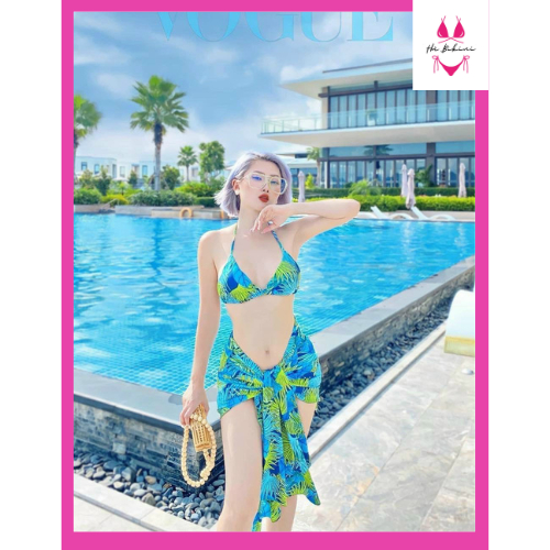 BIKINI ĐÒ BƠI ĐI BIỂN SET BA MÓN LÁ DỨA ÁO TAM GIÁC KÈM KHĂN
