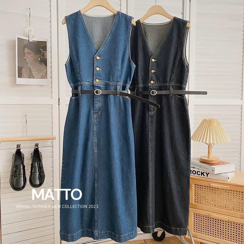 VÁY JEAN DENIM SÁT NÁCH DÁNG DÀI KÈM ĐAI CHO NỮ.