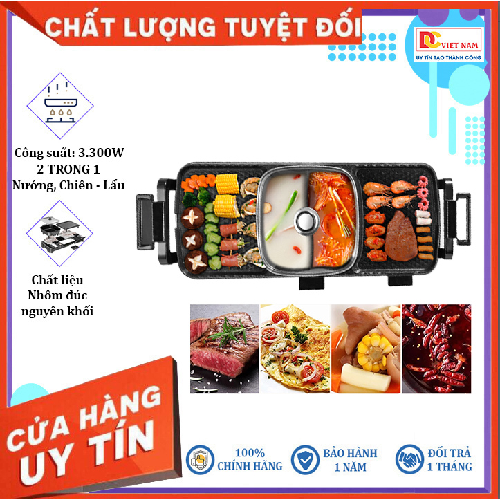 Bếp lẩu kiêm nướng đa năng 2 trong 1 chống dính cao cấp, công suất 3300W, BBQ Grill with Hot Pot