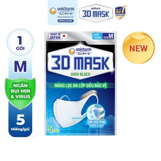 Khẩu Trang Unicharm 3D Mask Ngăn Virus - Khẩu Trang 3D Mask Nhật Bản High Block Ngăn Bụi Mịn và Virus (Size M - 1 Gói 5)