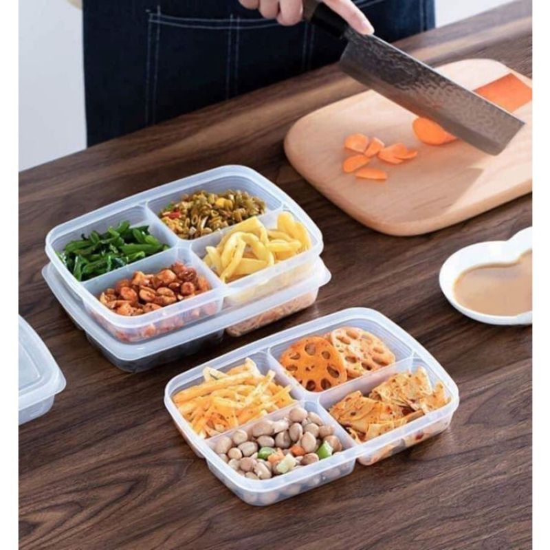 Hộp, Khay Đựng Thực Phẩm Chữ Nhật 4 Ngăn Có Nắp, Tiện Dụng. Sản Phẩm Được Làm Từ Nhựa Cứng Cao Cấp An Toàn
