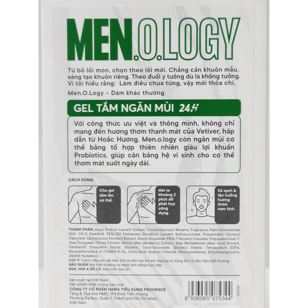 Sữa Tắm Dạng Gel Cho Nam Ngăn Mùi 24h MEN.O.LOGY 350ml