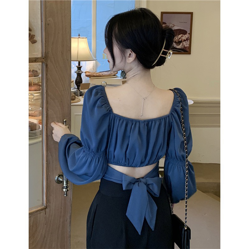 (ORDER) Áo kiểu nữ cổ vuông tay phồng dập viền tay thon eo thắt nơ sau lưng gợi cảm