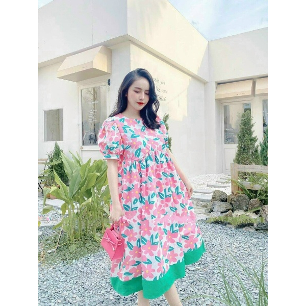 QTLDCBT Đầm babydoll hoa đi biển đi chơi mặc nhà bầu bì bon chen siêu dễ thươngchất kate lụa M509 - Yado