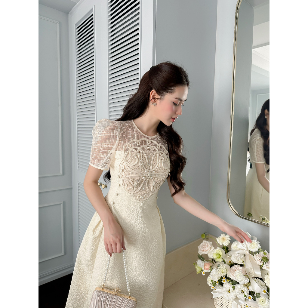 Khâu _ đầm thiết kế _ ren ngực vặn thừng màu kem