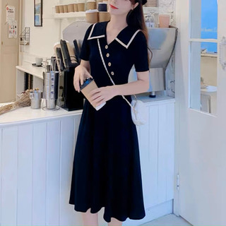 Đầm váy freesize đen viền trắng nút xéo