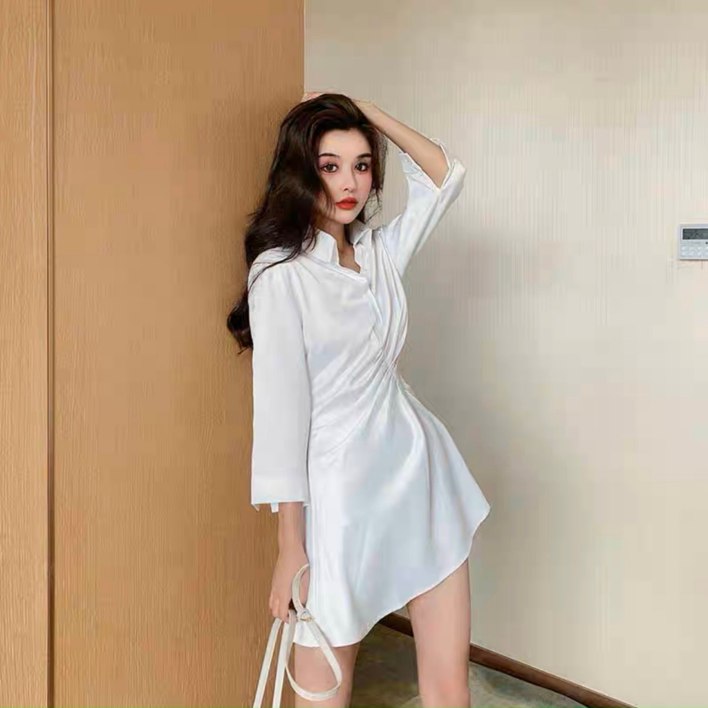 Đầm váy freesize sơ mi trắng nhúng eo