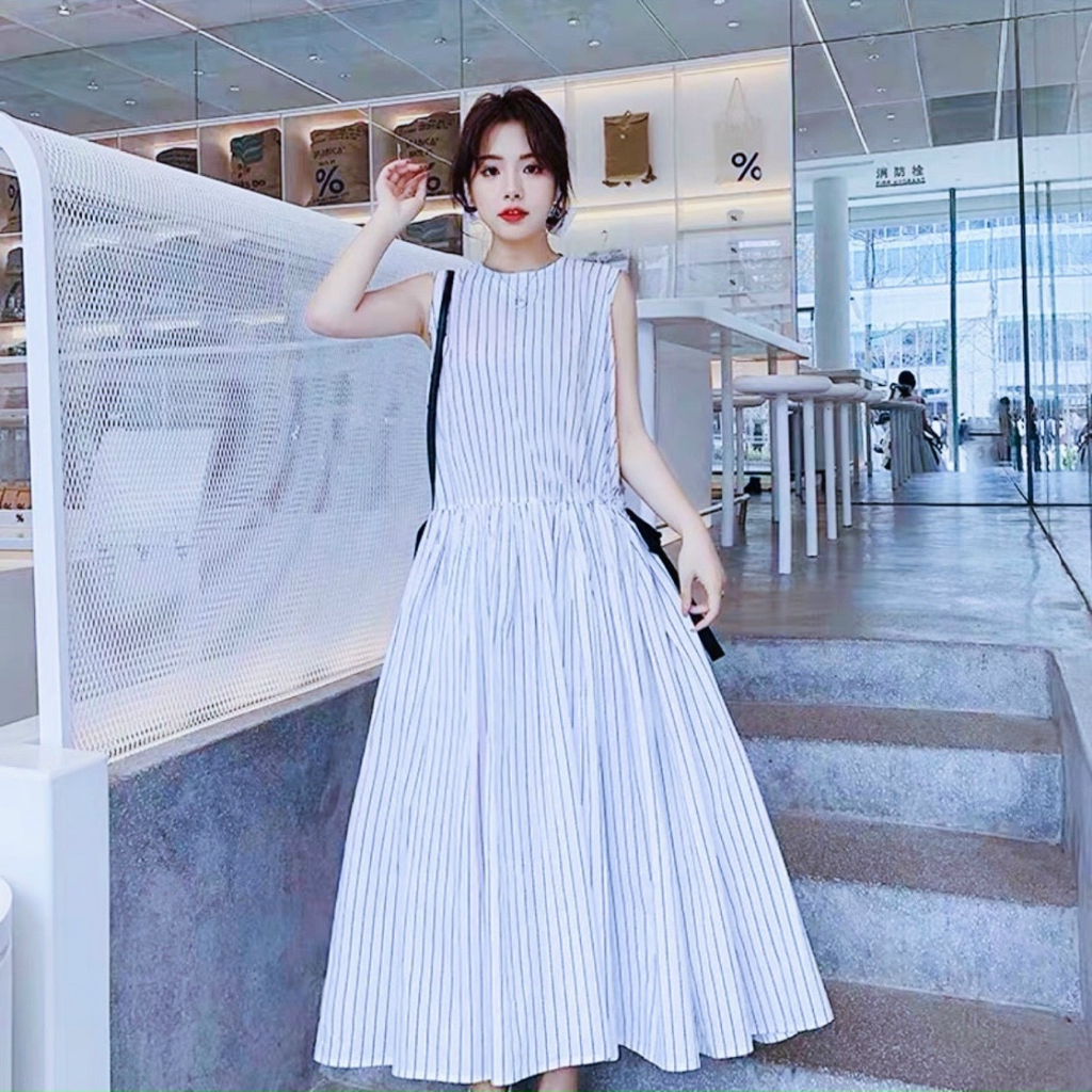 Đầm váy freesize sọc xanh rút eo