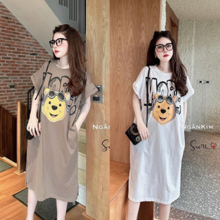 Váy suông nữ dáng dài MORE hình gấu, đầm suông cộc tay in gấu cá tính