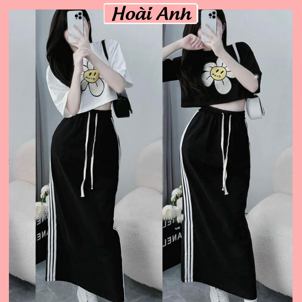 Set Bộ Đồ Nữ Áo Croptop Hoa Mặt Cười Mix Chân Váy Dáng Dài Phối Sọc Freesize