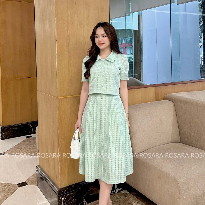 Set Áo Sơ Mi Ngắn Và Chân Váy Xanh Thời Trang Nữ Rosara SET27