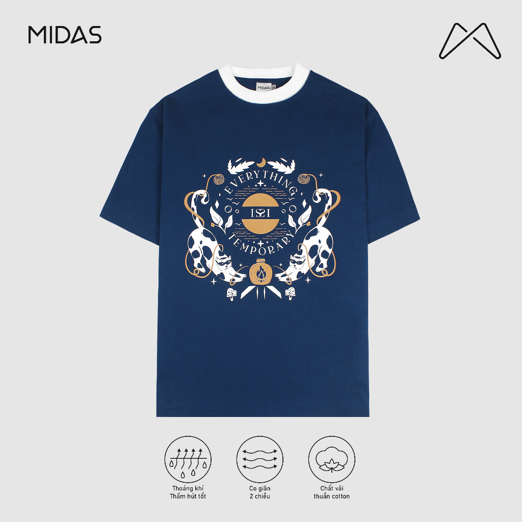 Áo thun tay lỡ nam nữ hình mèo màu xanh MIDAS cotton bền đẹp thoáng mát form rộng