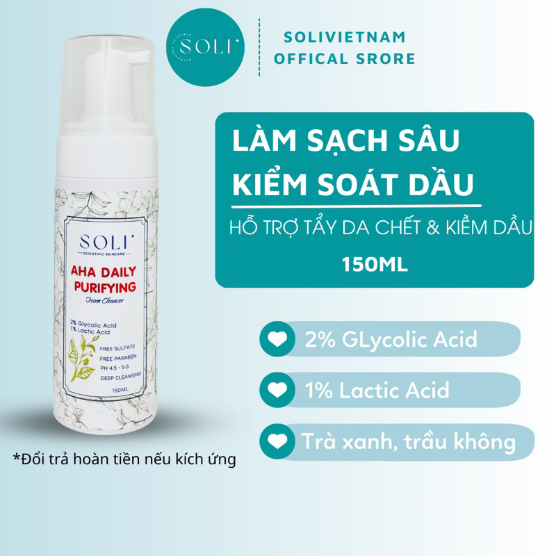 Sữa rửa mặt 3% AHA Soli làm sạch sâu, hỗ trợ tẩy da chết, ngăn ngừa mụn Glycolic Acid + Lactic Acid 150ml