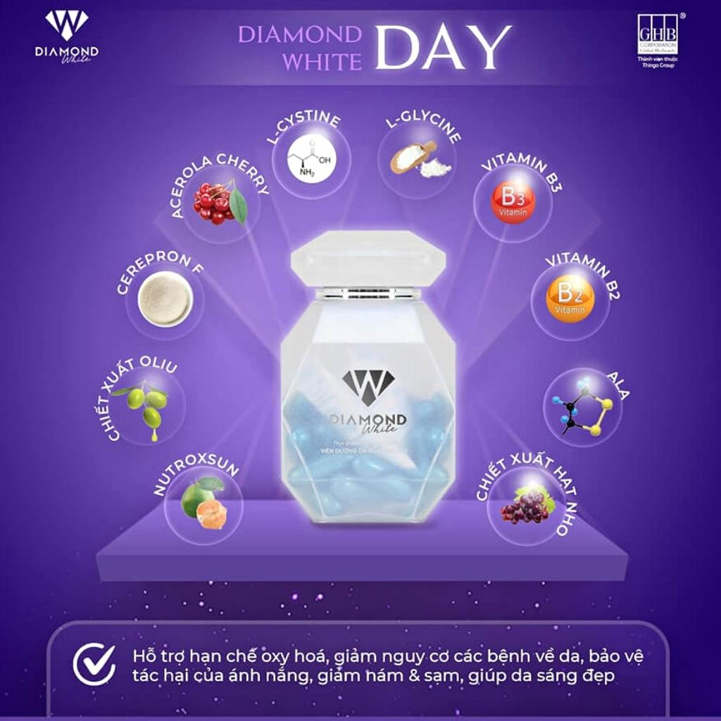 Viên Uống Trắng Da Diamond White Day & Night Dưỡng Trắng Hoàn Hảo, Cải Thiện Làn Da Đen Sạm Sáng Mịn