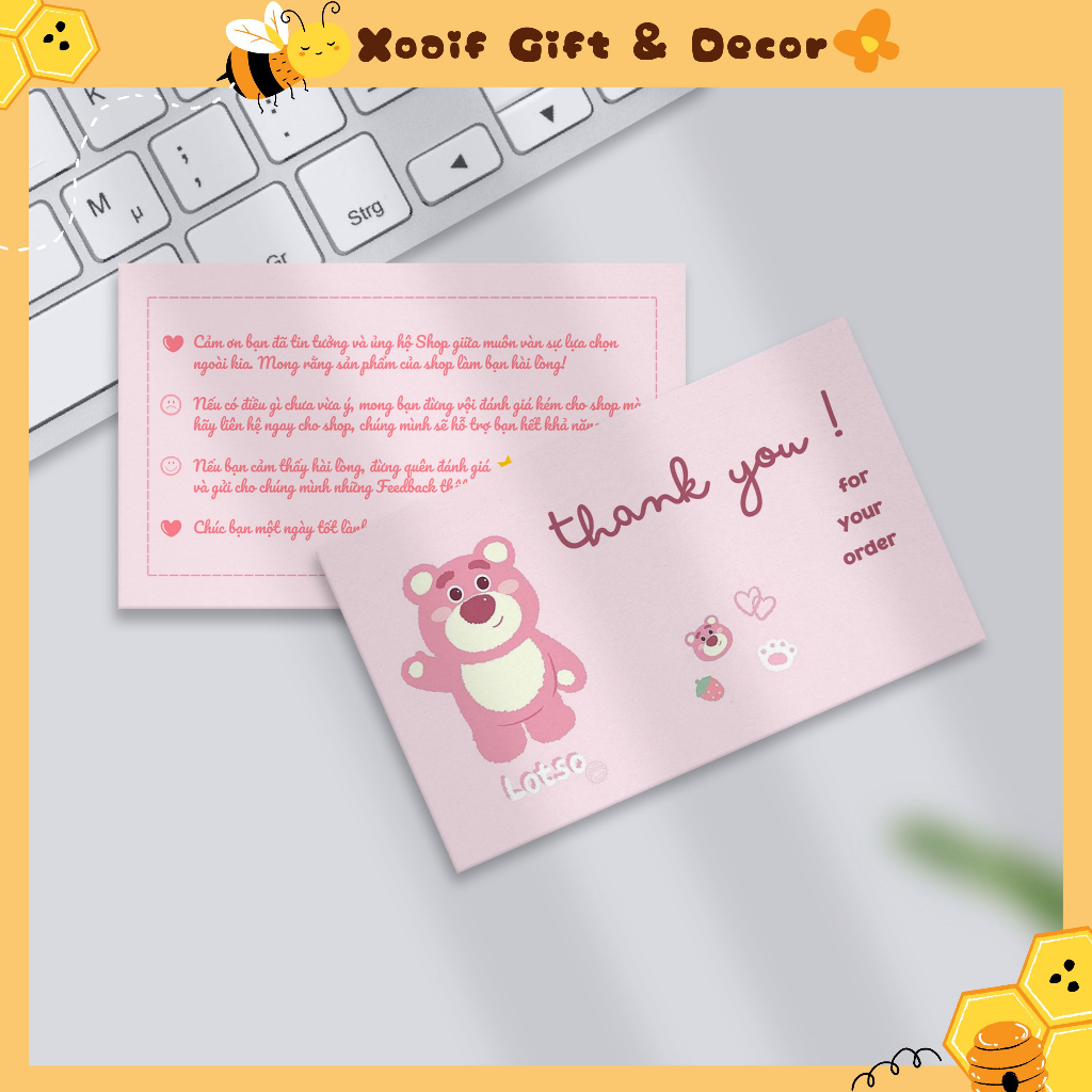 Combo 100 thiệp cảm ơn 2 mặt gấu dâu, card thank you cho shop tặng khách hàng