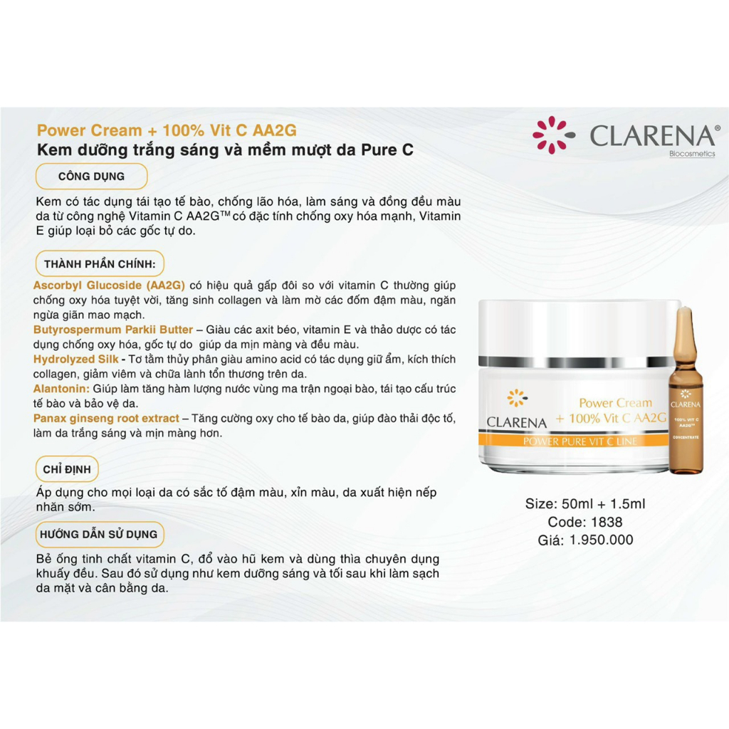 Kem Dưỡng Clarena Chống Lão Hóa, Sáng Da Power Cream + 100% Vit C AA2G