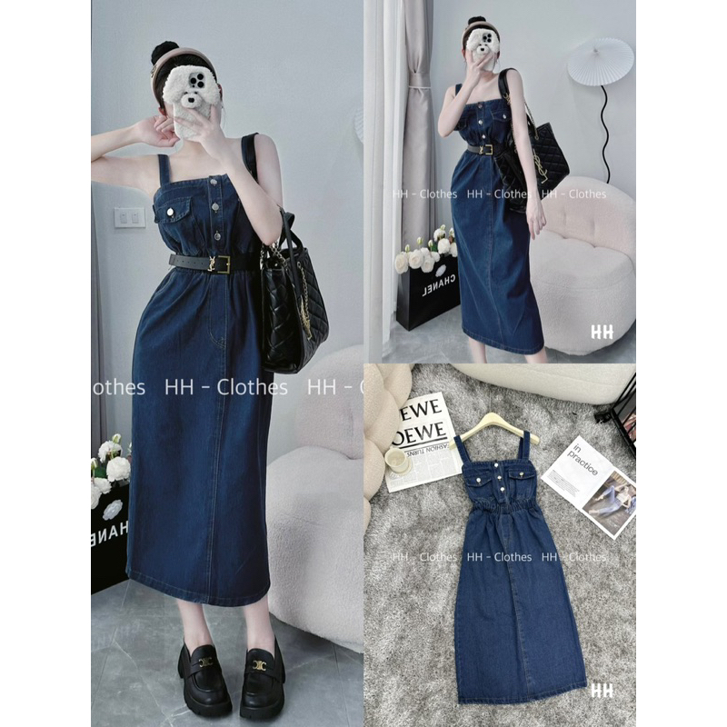VÁY JEAN DENIM 2 DÂY BẢN TO DÁNG DÀI CHUN EO.