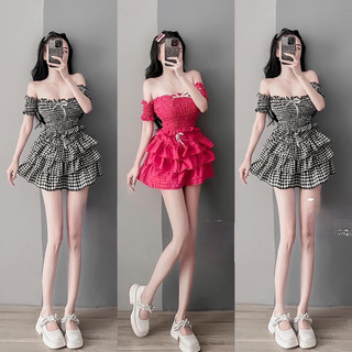 Sét xốp kẻ áo chun trễ vai chân váy tầng