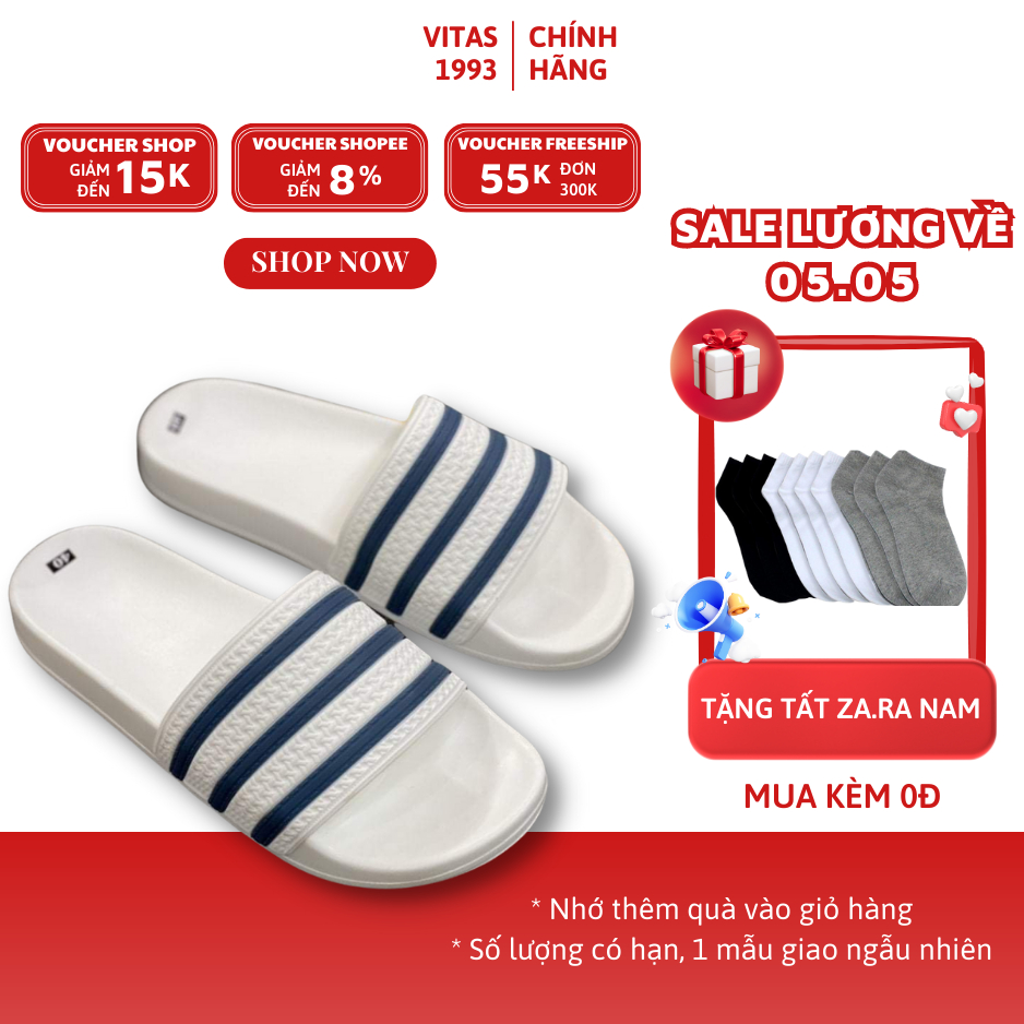 Dép quai ngang nam sọc xanh trắng chất da cao su cao cấp đàn hồi tốt đế da PU đi êm chân