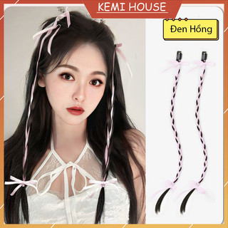 Kẹp tóc giả nữ dễ thương, tóc giả thắt bím kèm ruy băng