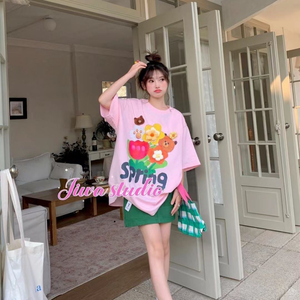Áo thun nữ cộc tay may hoa nổi và gấu chất thun Cotton khô Form rộng