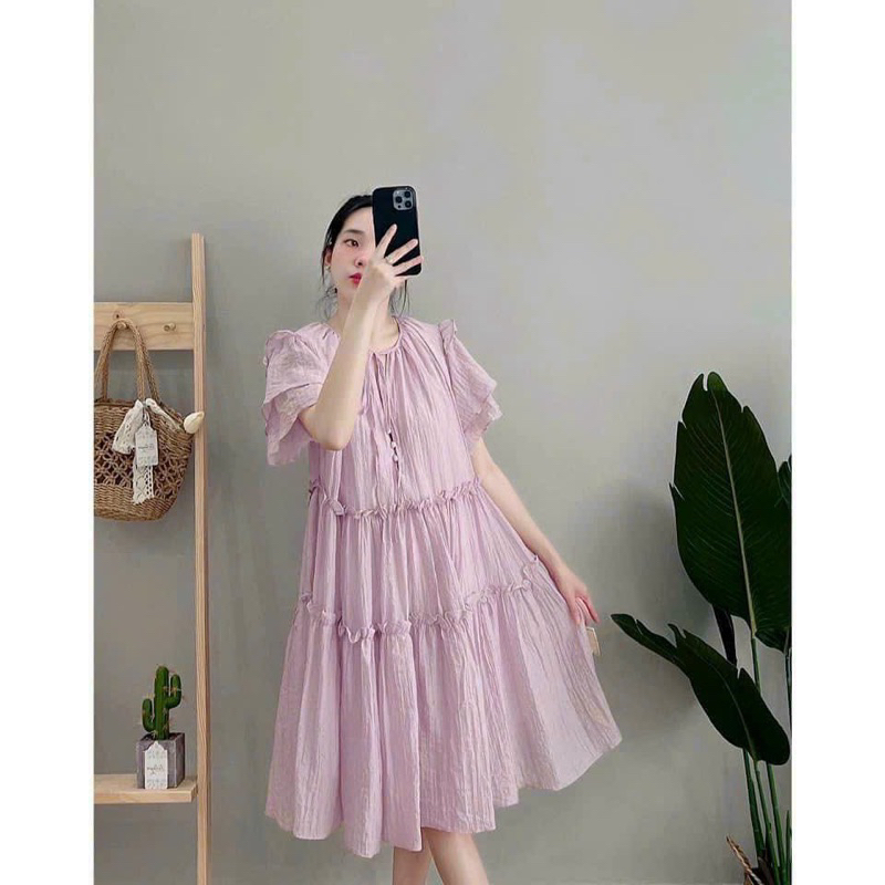 Đầm Tơ Nút Ngọc Hàng Hai Lớp Dáng Babydoll Phom Rộng Mã MK220
