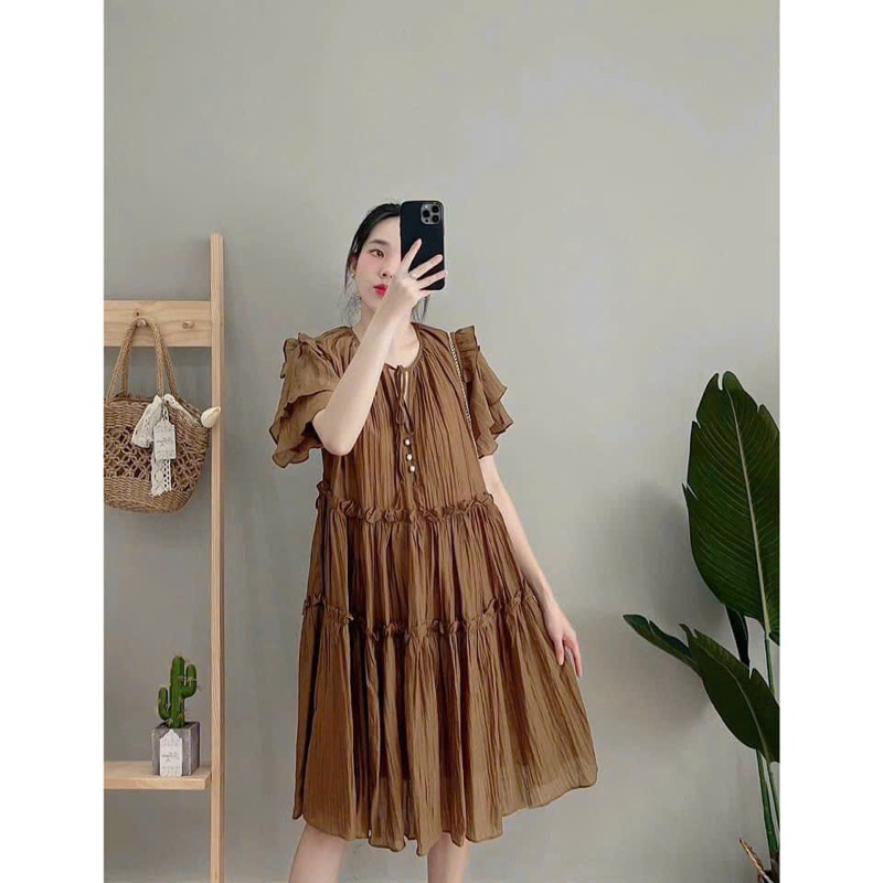 Đầm Tơ Nút Ngọc Hàng Hai Lớp Dáng Babydoll Phom Rộng Mã MK220