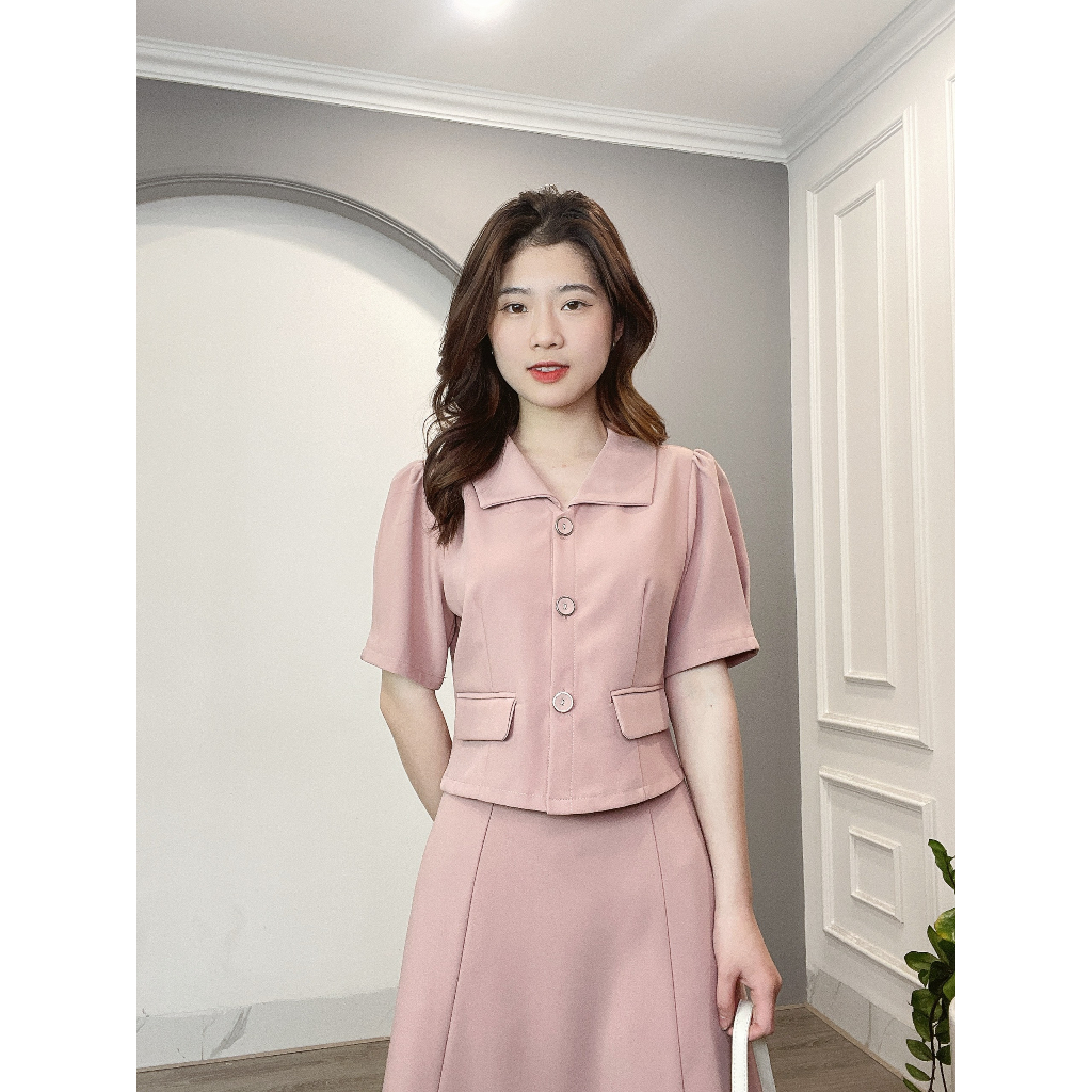 Set Áo Sơ Mi 2 Nắp Túi Và Chân Váy Xòe Min House