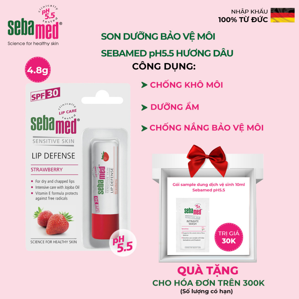 Son dưỡng bảo vệ, chống khô và chống nứt môi hương dâu Sebamed Sensitive Skin Lip Defense Strawberry (4.8g)