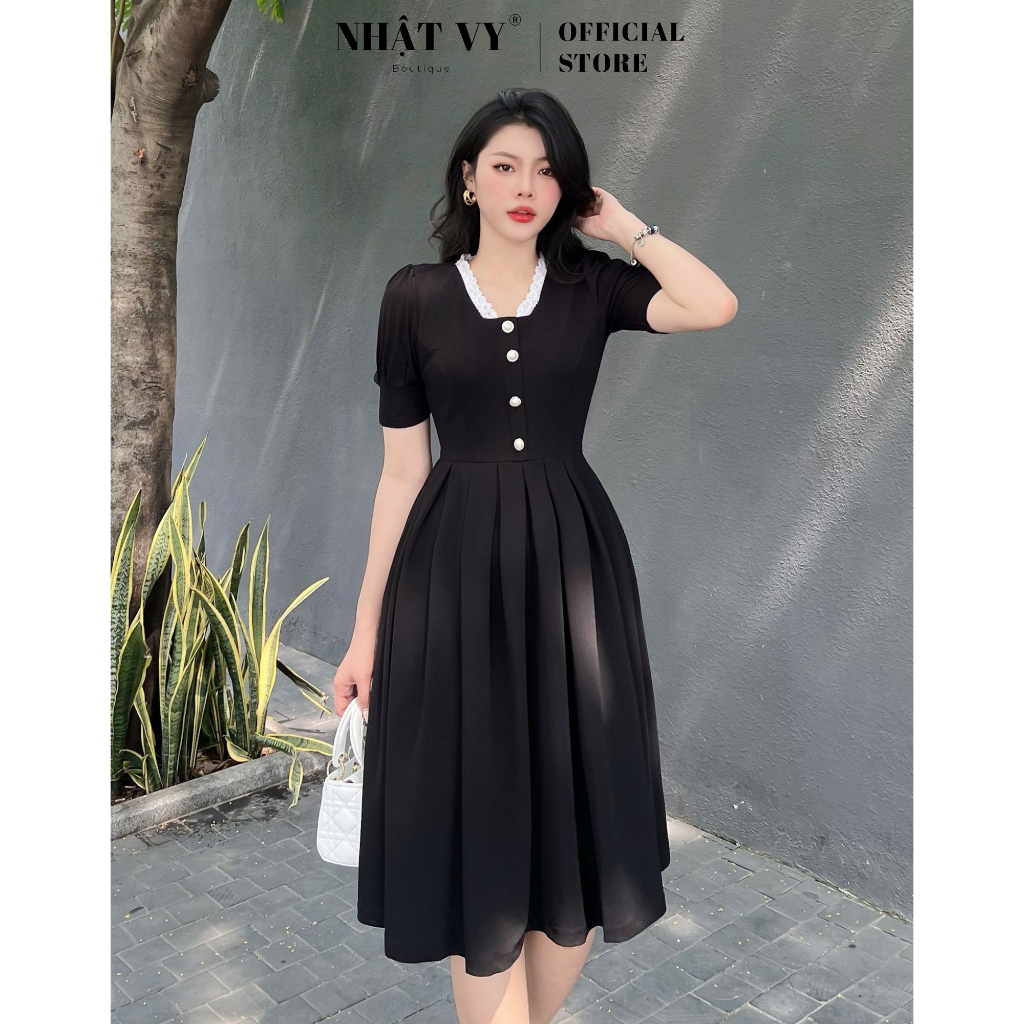 Đầm dự tiệc Nhật Vy tay ngắn cổ V viền ren đích cúc dáng xòe xếp ly chất thun phù hợp công sở du lịch - D2601