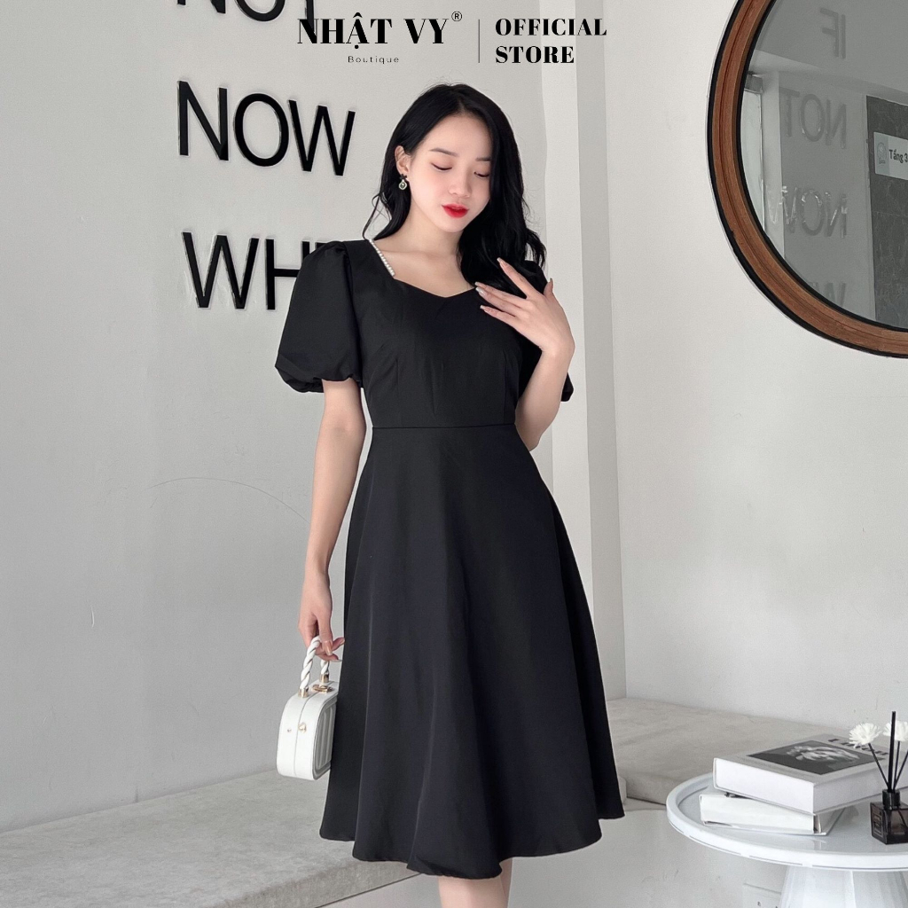 Đầm dự tiệc Nhật Vy tay bí cổ vuông đính hạt dáng xoè chất cotton phù hợp đi chơi cafe du lịch sang trọng - D2401