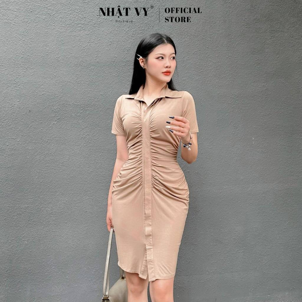 Đầm đi chơi Nhật Vy cổ sơ mi tay ngắn nhún ngực cách điệu chất thun phù hợp công sở dạo phố nhẹ nhàng - D2516