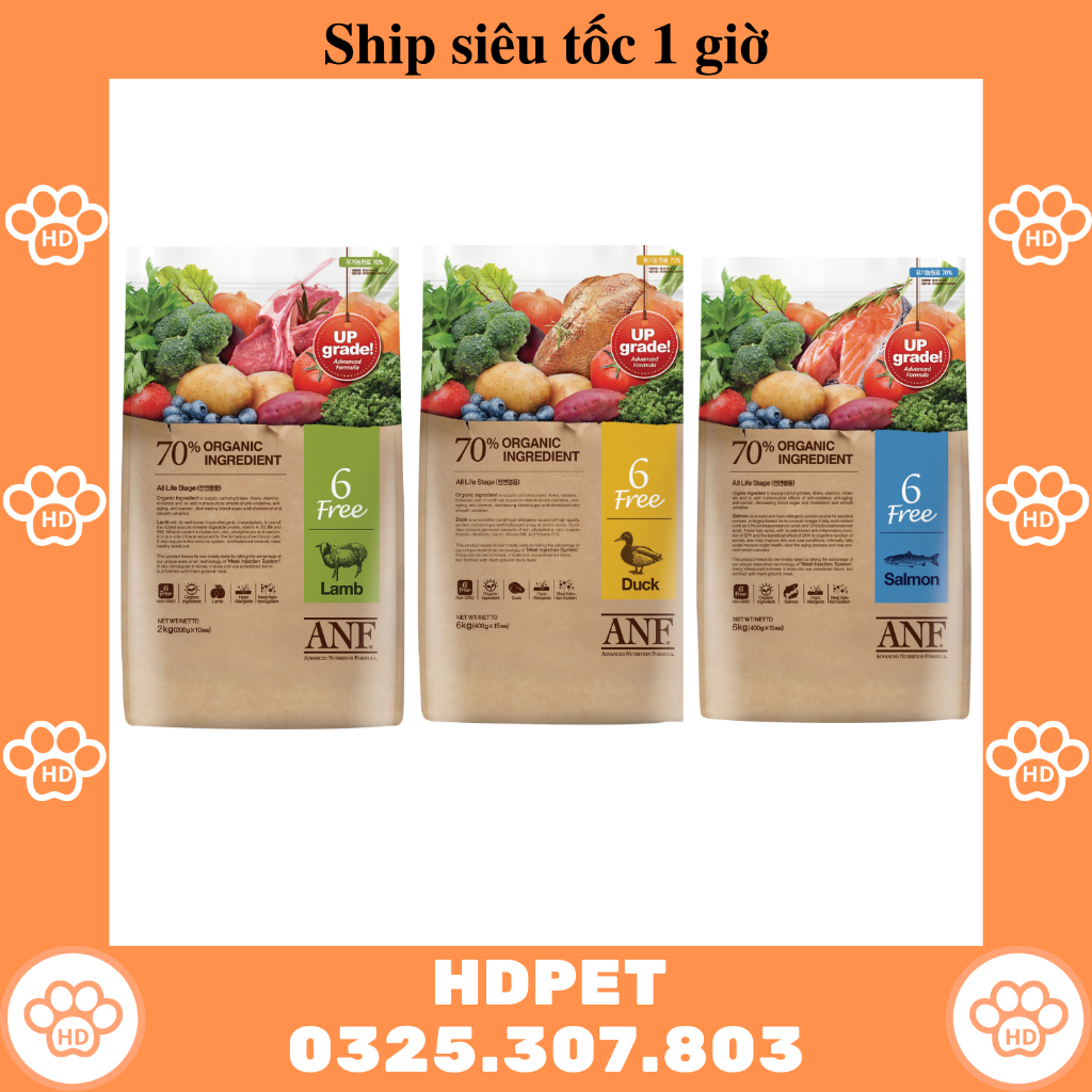 [400G] THỨC ĂN HẠT HỮU CƠ CHO CHÓ ANF 6FREE 400G 3 vị cá hồi cừu vịt
