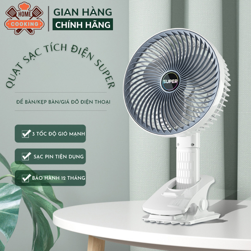 Quạt tích điện để bàn Super, quạt kẹp bàn sạc pin tiện dụng 3 tốc độ gió có giá đỡ điện thoại tiện dụng bảo hành 6 tháng