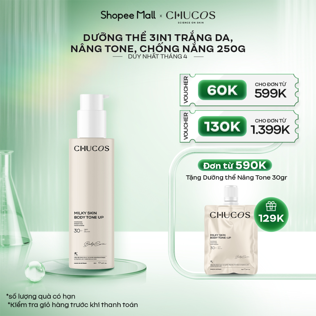 [Mã BMLTA35 giảm đến 35K đơn 99K] Dưỡng Thể 3in1 Trắng Da, Nâng Tone, Chống Nắng Milky Skin Body Tone-Up CHUCOS 250g