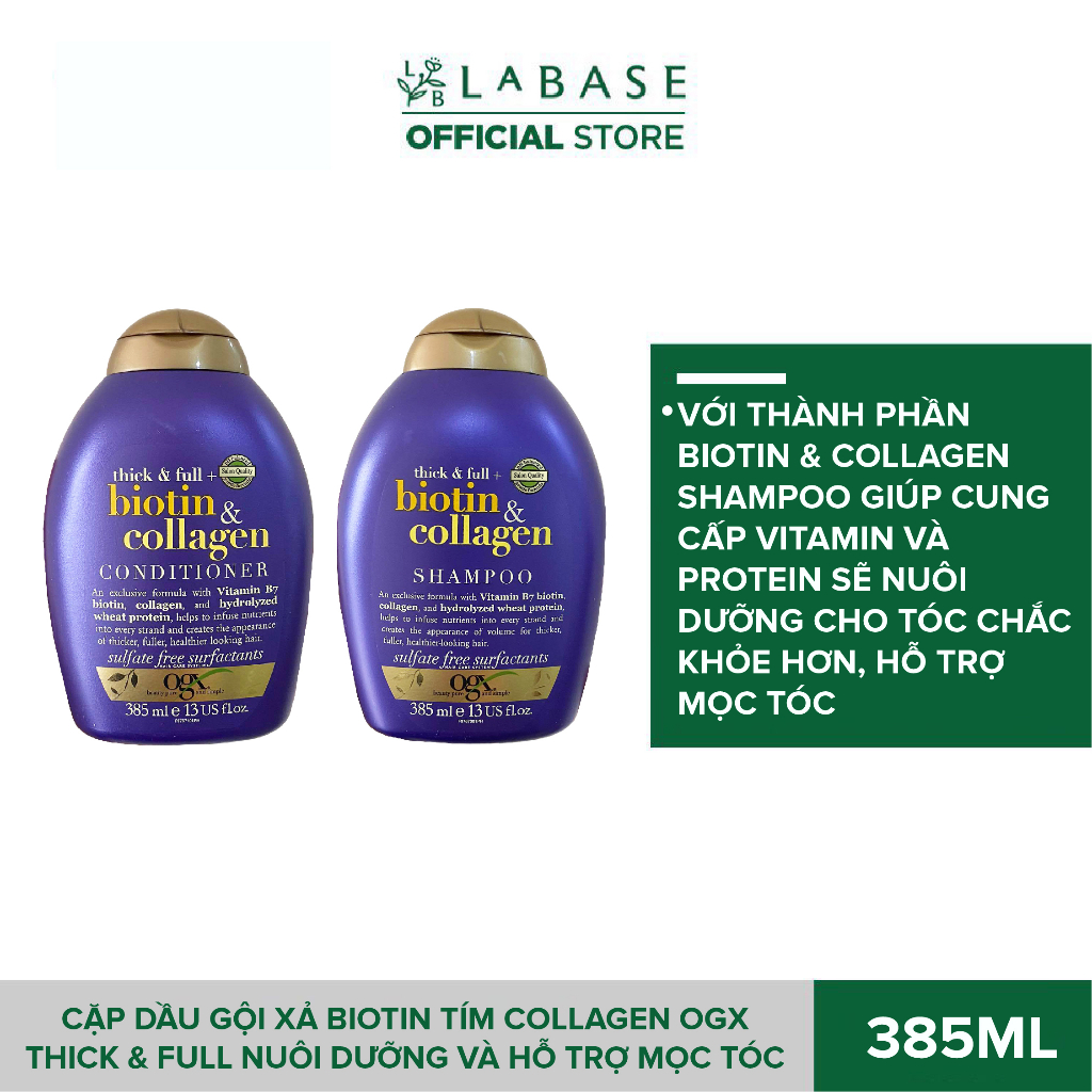 Cặp Dầu Gội Xả Biotin Tím Collagen OGX Thick & Full Nuôi Dưỡng và hỗ trợ mọc tóc 385ml x2