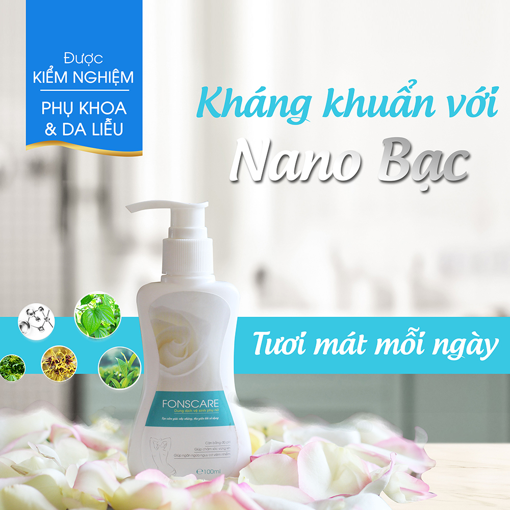 Dung dịch vệ sinh phụ nữ Fonscare giảm mùi hôi, khí hư, cân bằng pH, giảm thâm, an toàn cho bà bầu - Chai 100ml