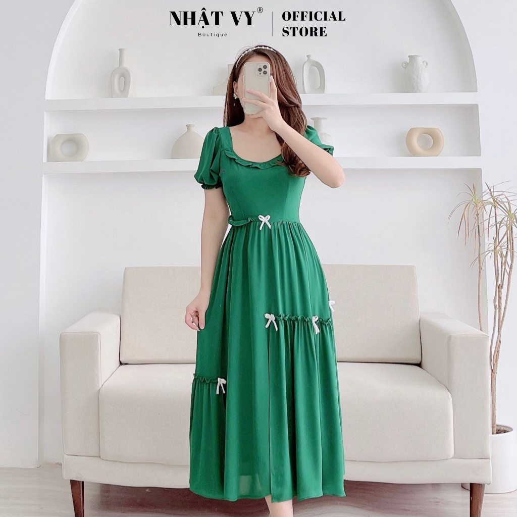 Đầm maxi dự tiệc Nhật Vy cổ viền bèo cách điệu đính nơ tay bo thun chất tằm ý phù hợp dạo phố cafe sang chảnh - D2604