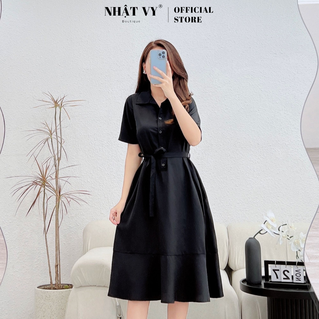 Đầm sơ mi công sở NHẬT VY tay ngắn kèm dây thắt eo dáng đuôi cá chất cotton phù hợp đi chơi dạo phố - D2573