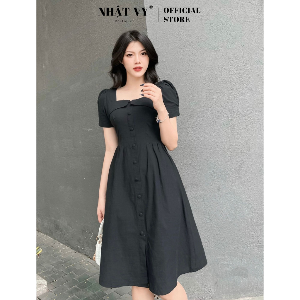 Đầm dự tiệc Nhật Vy cổ vuông nút bọc tay phồng form dáng xòe chất linen phù hợp công sở đi chơi sang chảnh - D2550