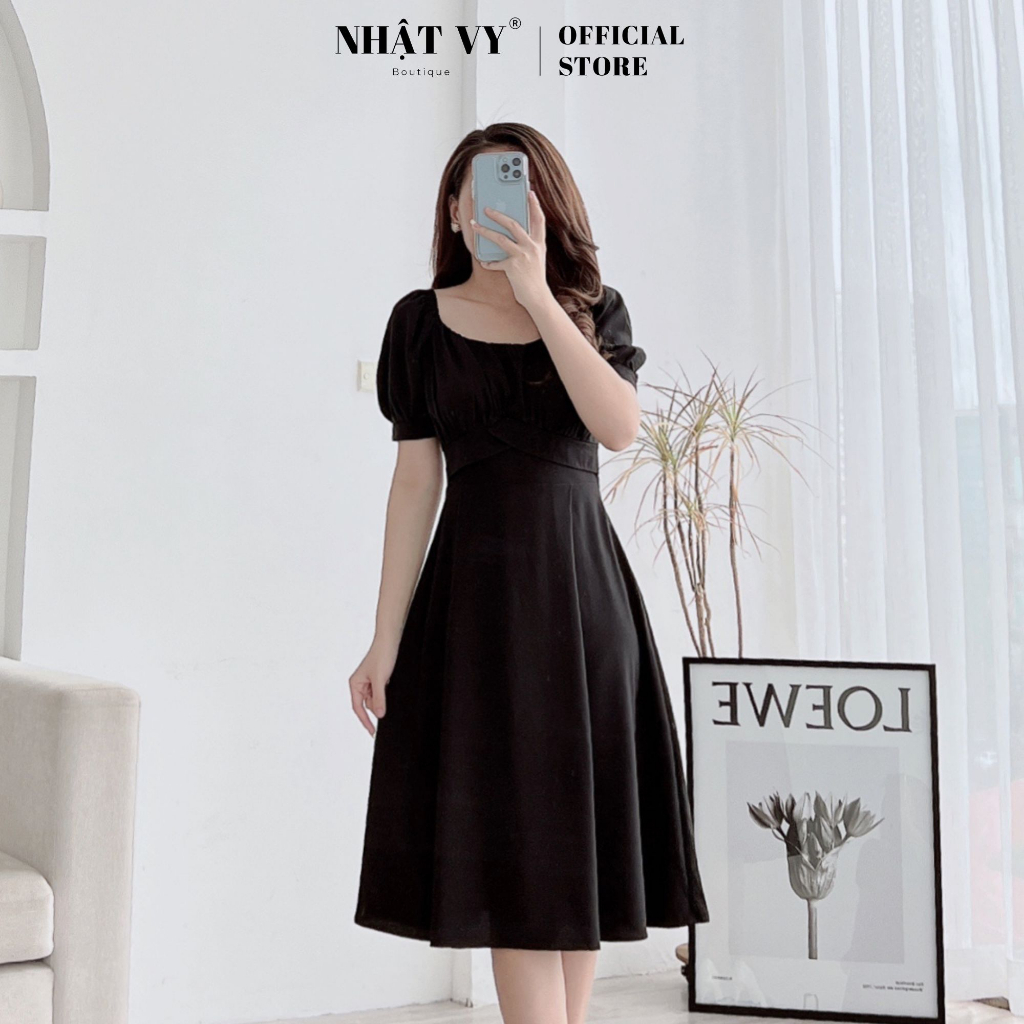 Đầm đi chơi Nhật Vy tay phồng cổ vuông nhún ngực phối dập ly chất thun dáng xoè phù hợp công sở dạo phố - D2513