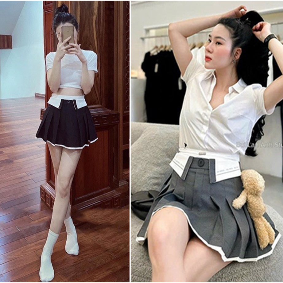 Chân váy xếp li chữ A phối cạp trắng tuyết mưa lưng cao có lót trong