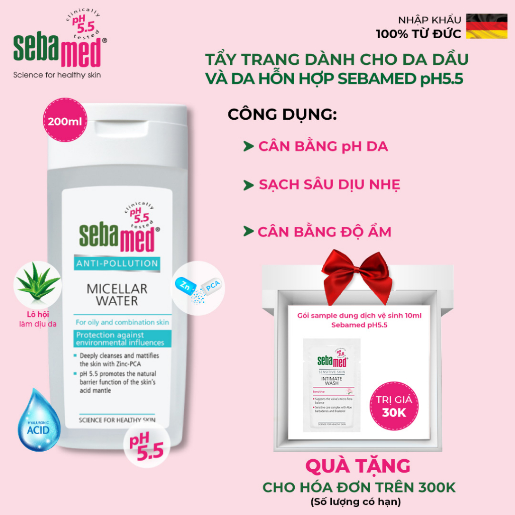Tẩy trang dành cho da dầu &amp; da hỗn hợp Sebamed Anti Pollution Micellar Water – Oily To Combination Skin pH5.5 (200ml)