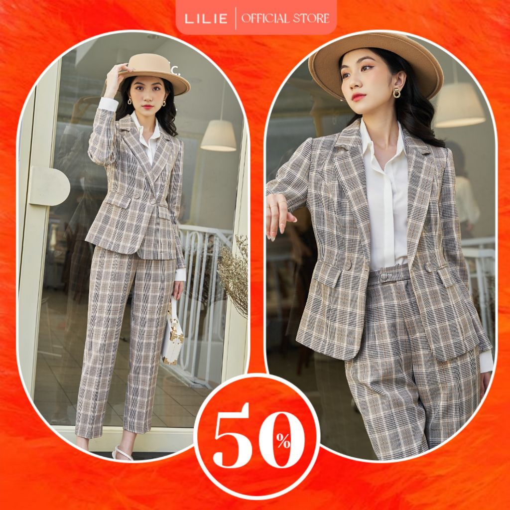 Áo blazer 2 cúc mắt cáo dáng ngắn caro nâu xám + Quần baggy caro nâu xám