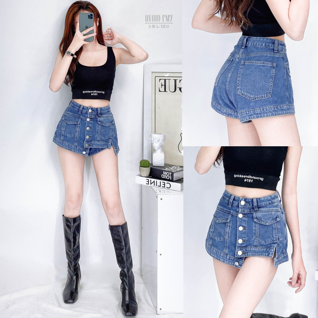 Quần giả váy jean, quần bò giả váy cho nữ cạp cao phối cúc hàng dáng ngắn sexy  - Xưởng May LTM