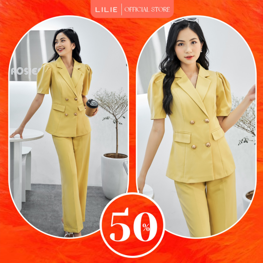 Set Blazer tay ngắn vàng chanh và quần ống đứng vàng chanh