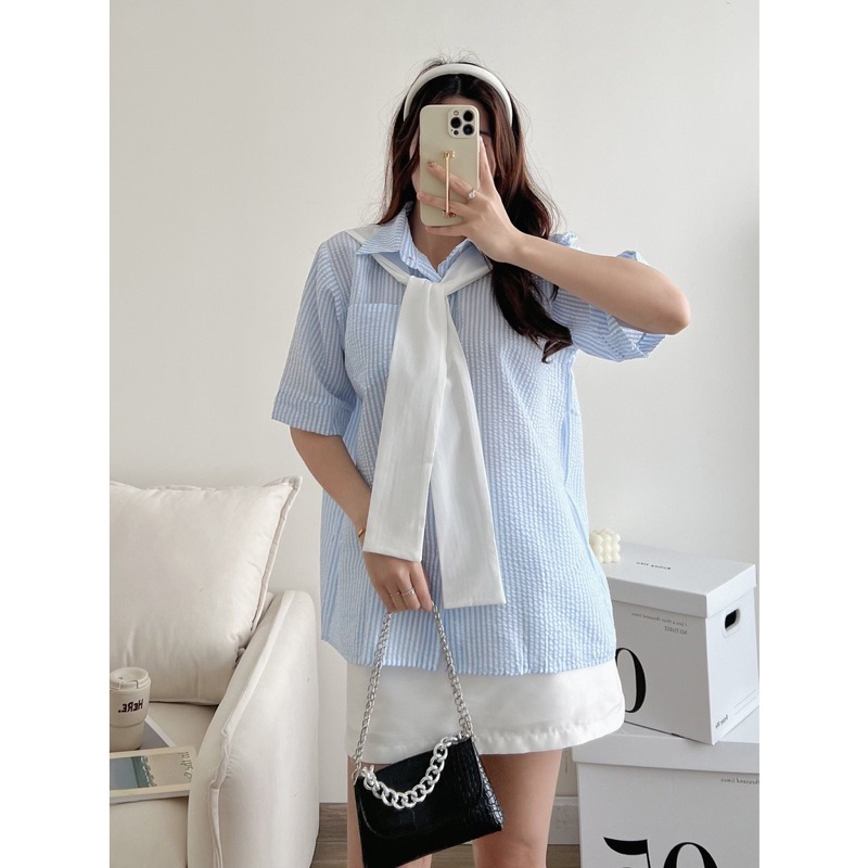 Áo sơ mi kẻ sọc tay lỡ kèm khăn rời